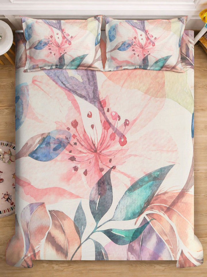 White & Pink Floral Printed Fitted 7D 400 TC Double King Bedsheet With 2 Pillow Cover