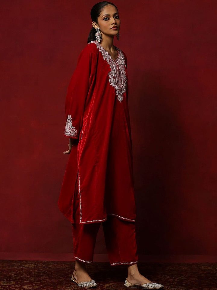 House of Chikankari Women Red Velvet Tilla Embroidered Kurta Set