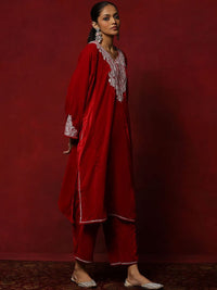 House of Chikankari Women Red Velvet Tilla Embroidered Kurta Set