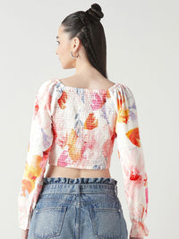 Bewakoof Women Floral Printed Puff Sleeve Crop Top