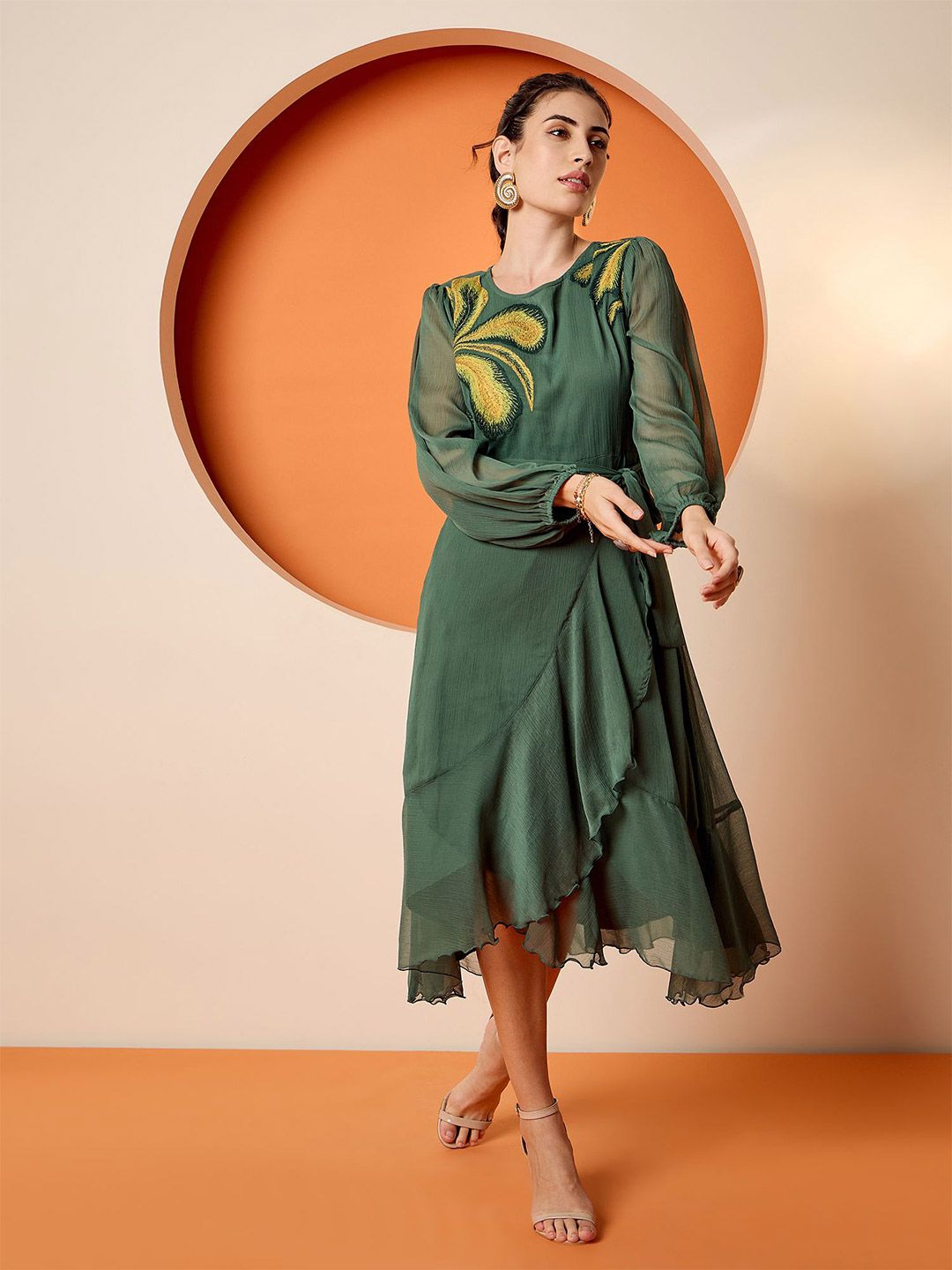 Antheaa Puff Sleeve Chiffon Embroidered A-Line Midi Dress