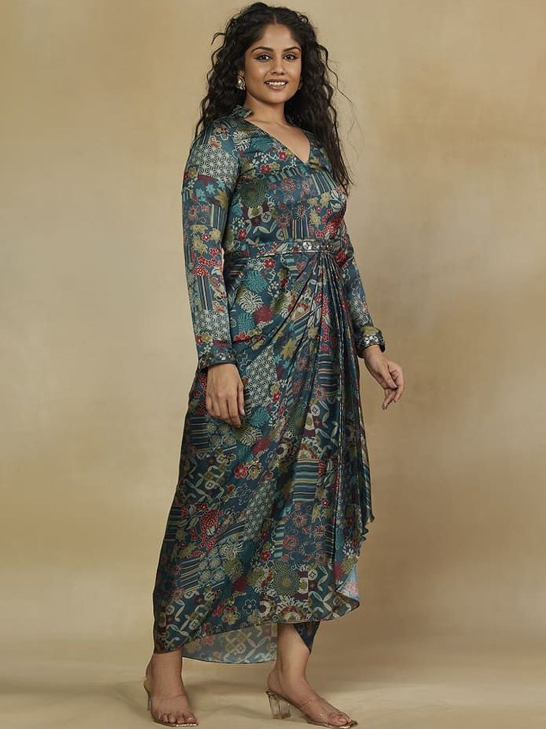Mamicha Ethnic Motifs Print Satin Maxi Dress