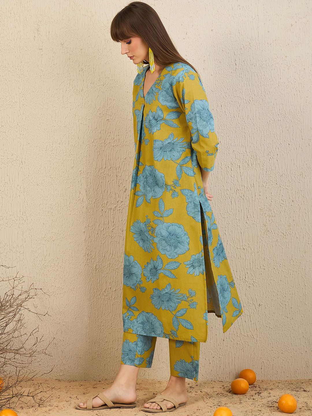 Indo Era Floral Printed V-Neck A-Line Kurta with Trousers