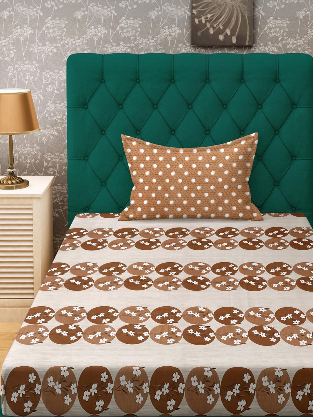 KLOTTHE Brown Floral Cotton Single Bedsheets