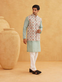 SOJANYA Motif Etnik Bercetak Kurta Lurus Kolar Mandarin Dengan Piyama Dan Jaket Nehru