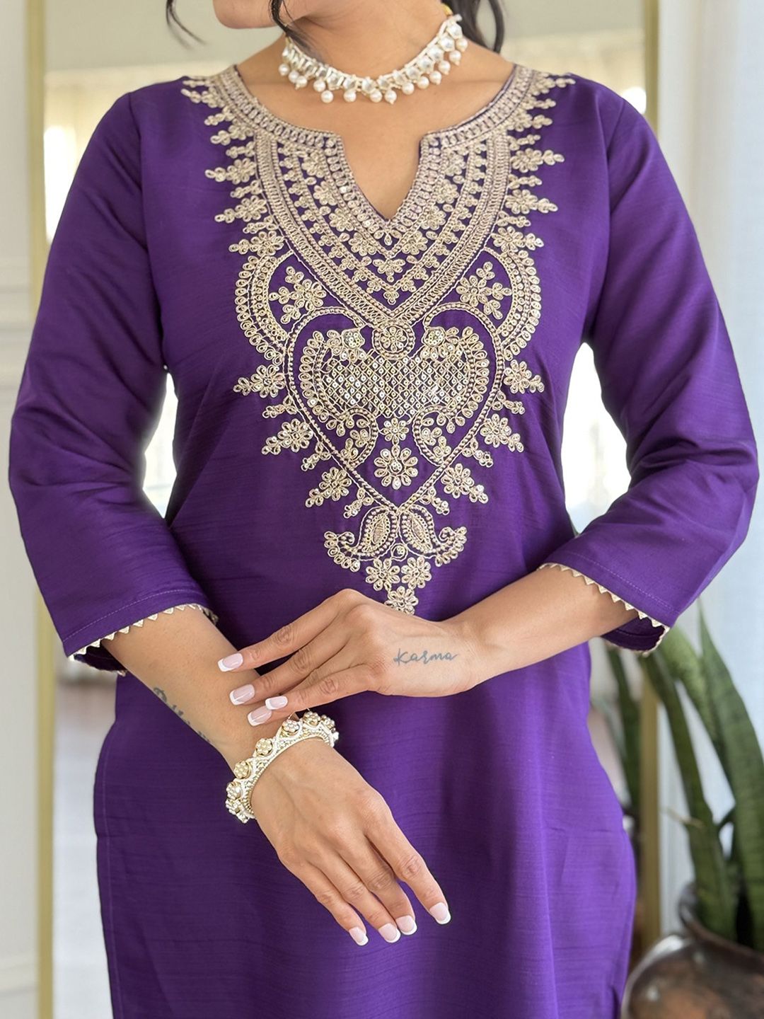 KALINI Floral Yoke Design Sequinned Pure Silk Straight Kurta With Trousers & Dupatta