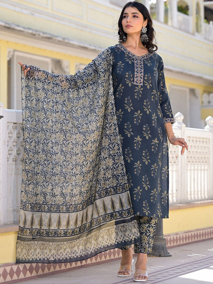 KALINI Floral Printed V Neck Straight Kurta With Trousers & Duppatta