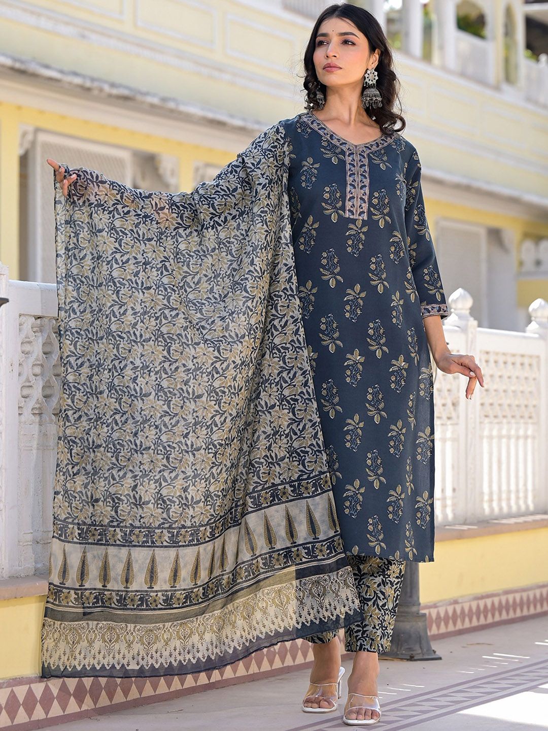 KALINI Floral Printed V Neck Straight Kurta With Trousers & Duppatta