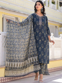 KALINI Floral Printed V Neck Straight Kurta With Trousers & Duppatta