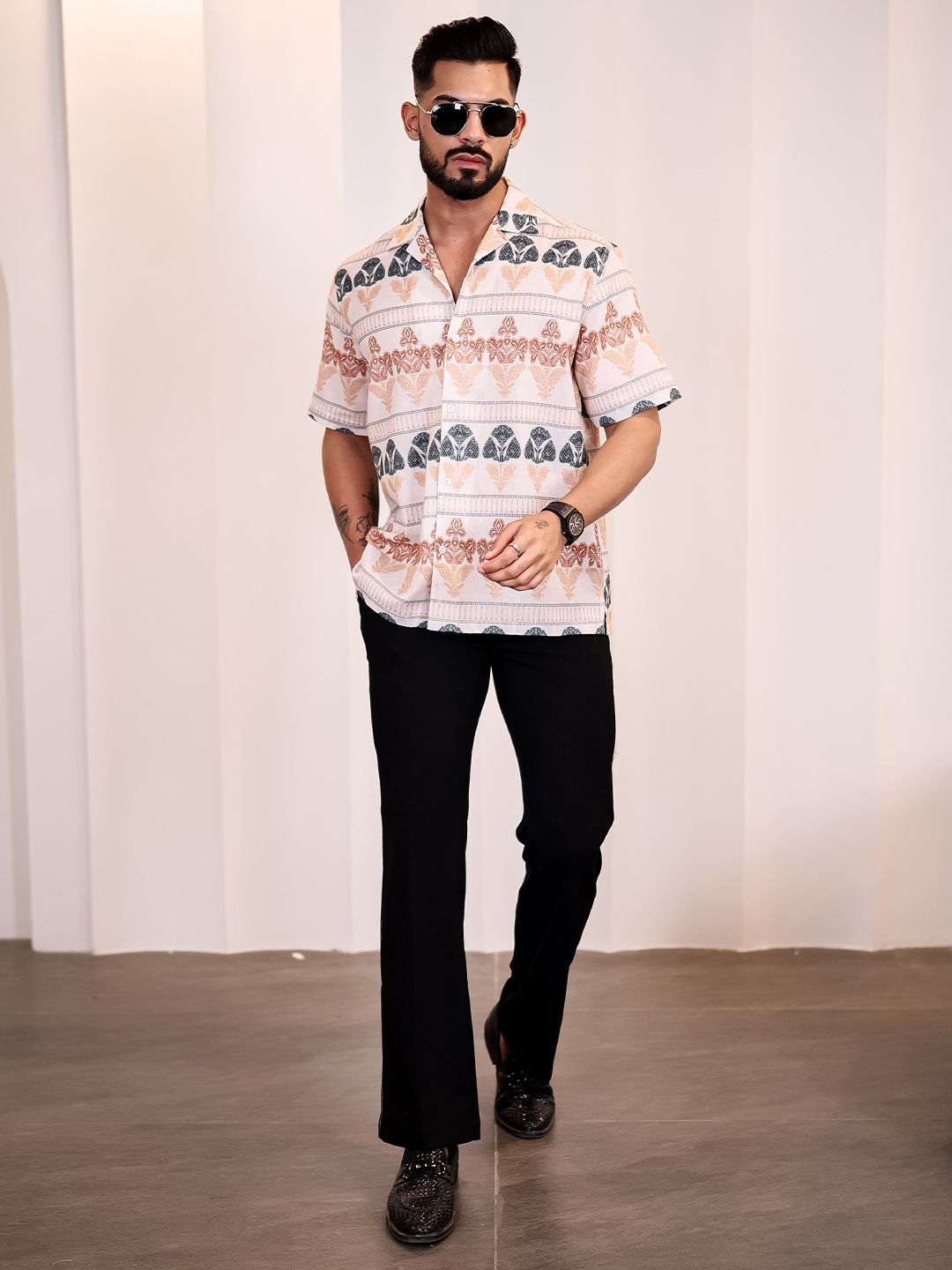 Eszett Men Ethnic Motifs Printed Cuban Collar Linen Casual Shirt