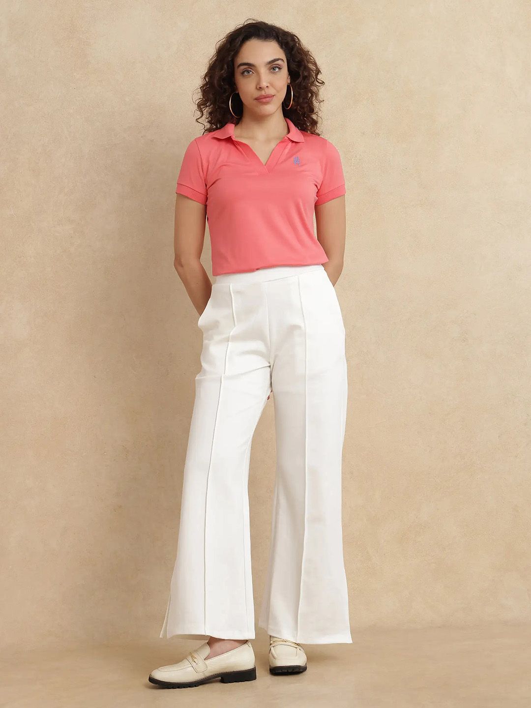 RAREISM Women Solid Polo Collar Cotton T-shirt