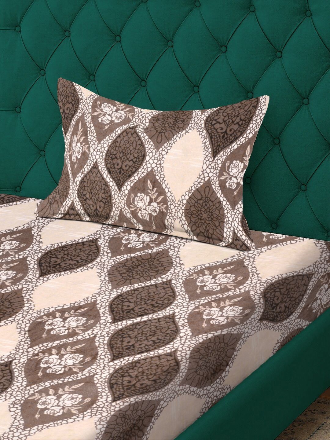KLOTTHE Brown Floral Printed Fitted 300 TC Woolen Single Bedsheet With 1 Pillow Cover