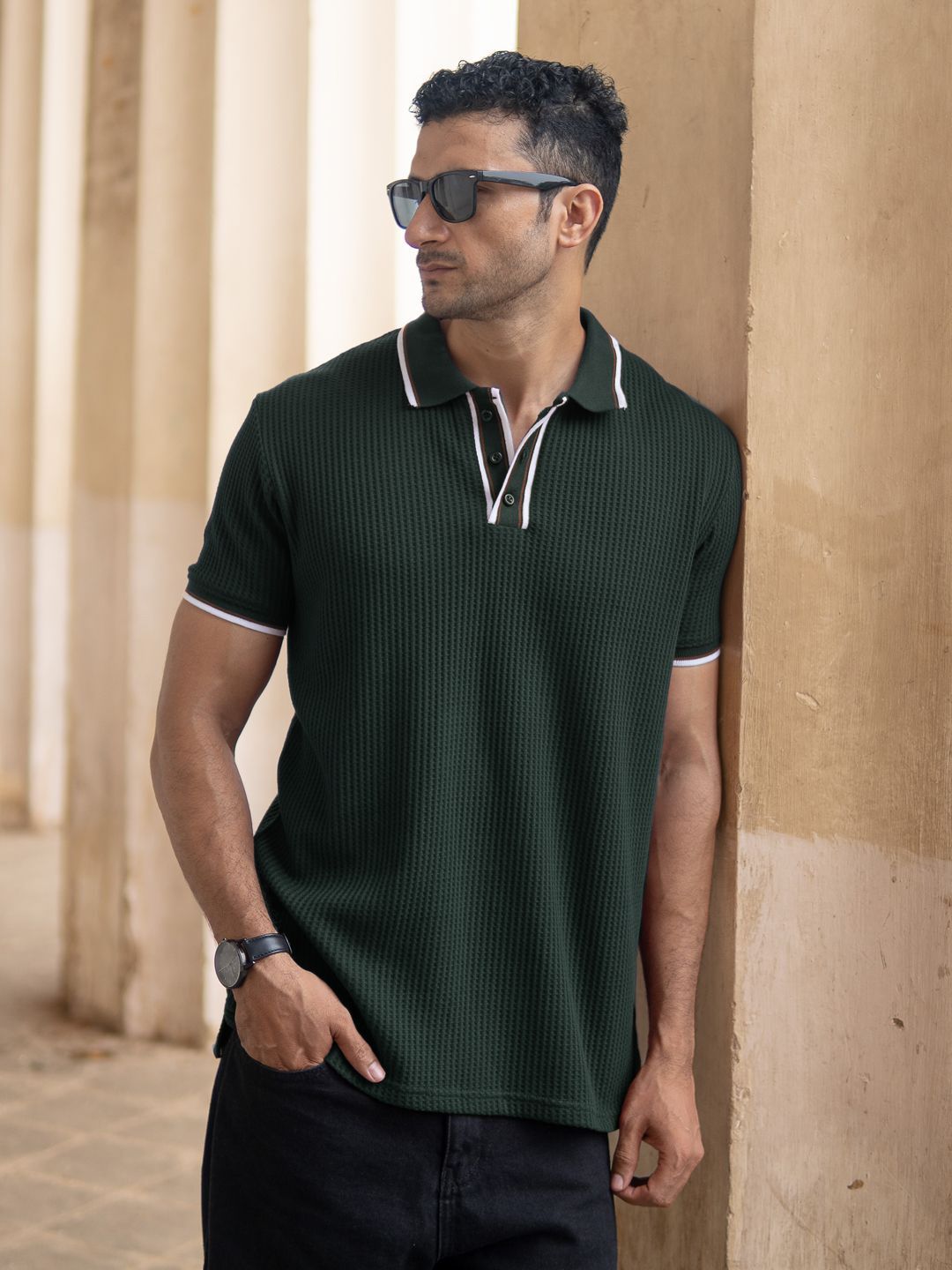 Powerlook Men Green Self Design Structured Polo Collar T-shirt