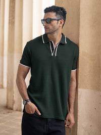 Powerlook Men Green Self Design Structured Polo Collar T-shirt
