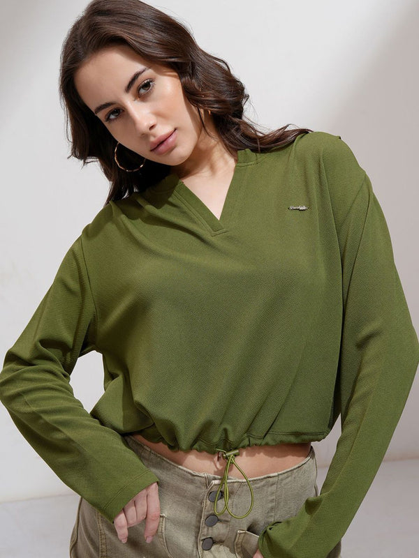 Tokyo Talkies Wanita Pepejal V-Neck Lengan Penuh