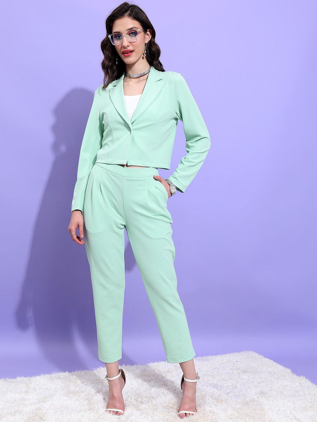 Tokyo Talkies Green Notched Lapel Collar Blazer With Trouser
