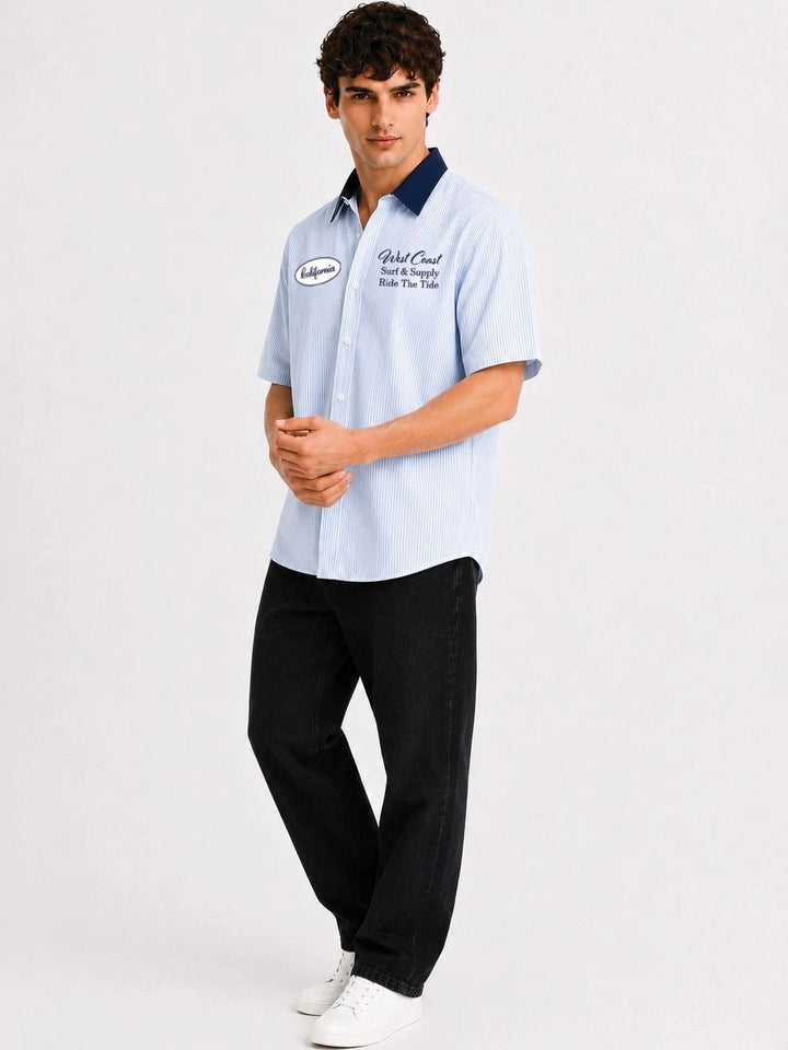 ADRO Spread Collar Lengan Pendek Baju Kasual Kapas Berjalur Santai