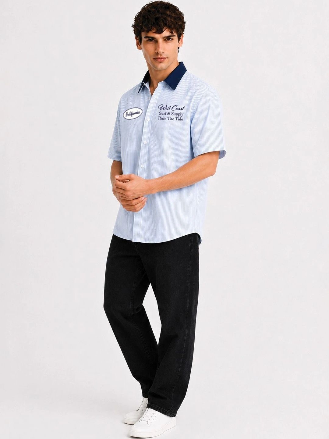 ADRO Spread Collar Lengan Pendek Baju Kasual Kapas Berjalur Santai