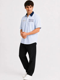 ADRO Spread Collar Lengan Pendek Baju Kasual Kapas Berjalur Santai