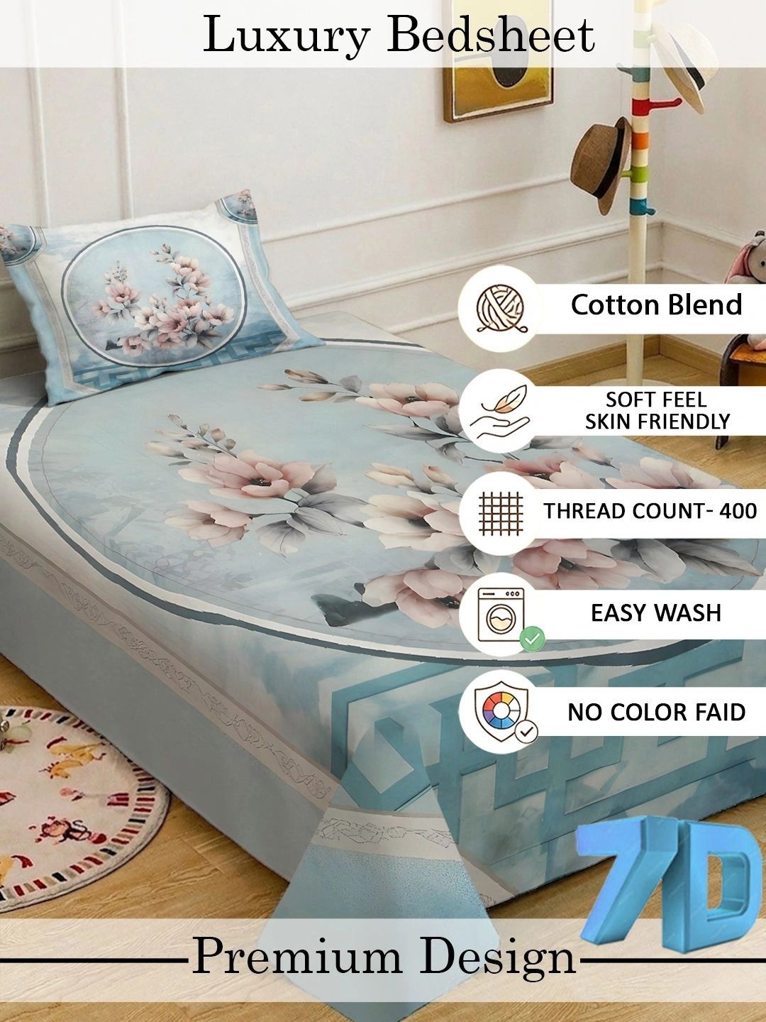 KLOTTHE Blue & Pink Floral Fitted 400 TC Single 7D Bedsheet with 1 Pillow Covers