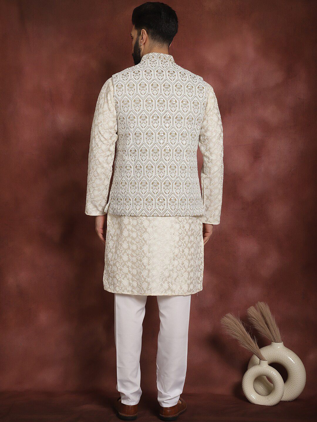 Anouk Floral Embroidered Regular Thread Work Kurta Churidar with Nehru jacket