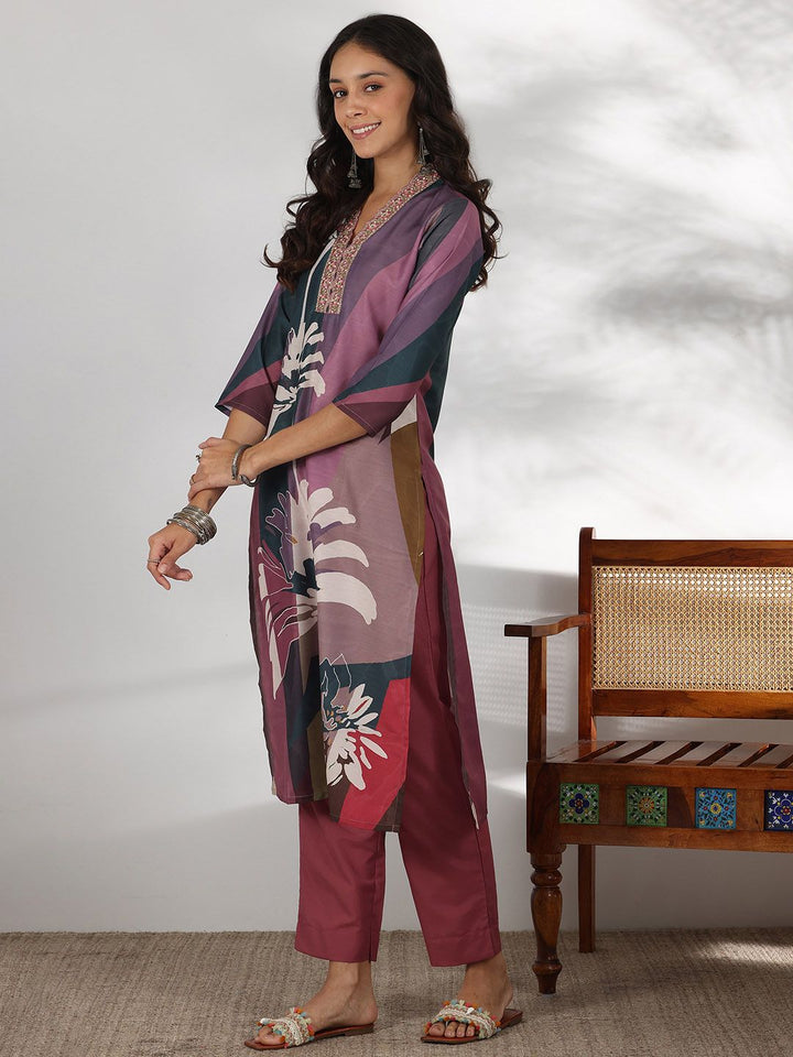 Libas Floral Printed Thread Work Straight Kurta with Trousers & Dupatta