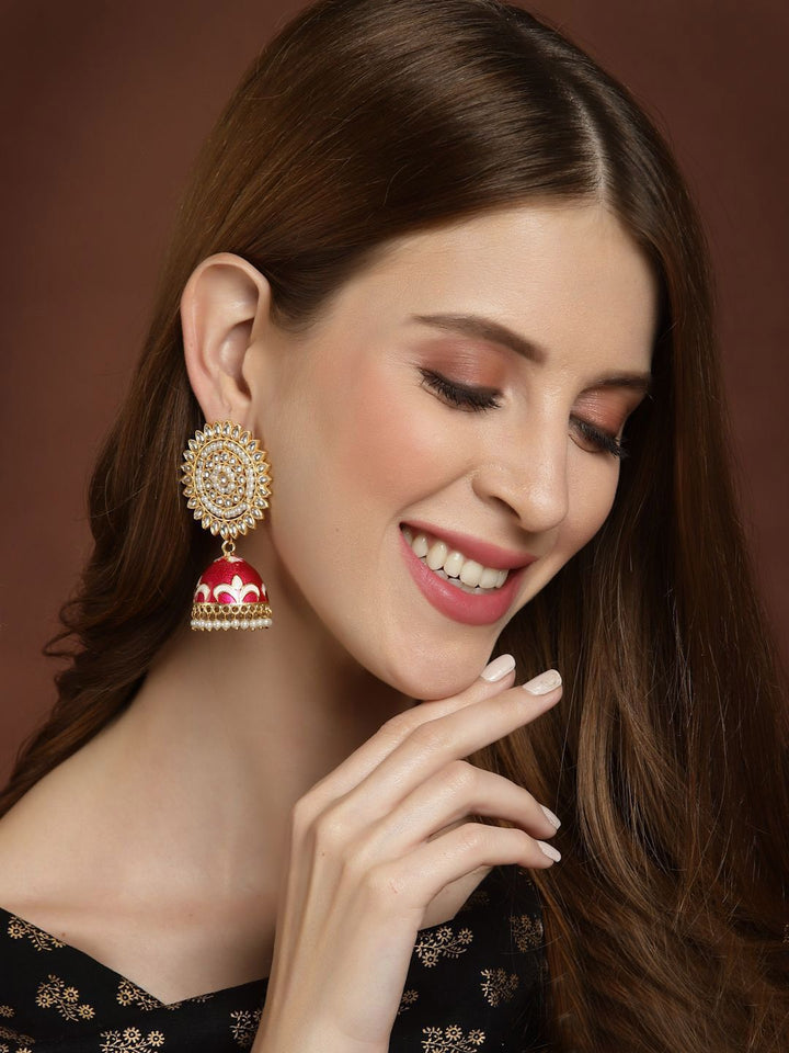 Anouk Gold-Plated Beaded & Kundan Studded Dome Shaped Jhumkas