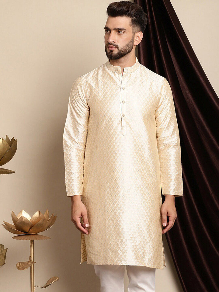 Anouk Ethnic Motifs Woven Design Band Collar Silk Cotton Regular Kurta