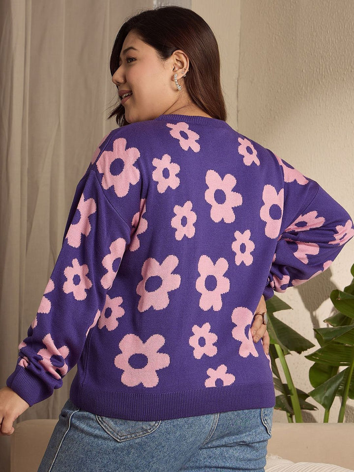 Berrylush Curve Women Floral Printed Round Neck Long Sleeves Plus Size Pullover