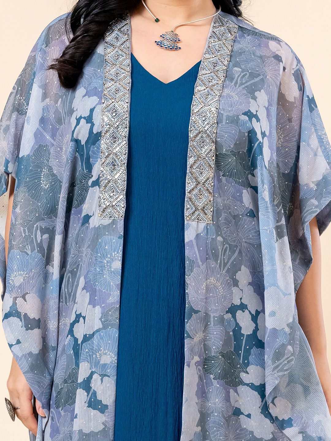 Mamicha Women Print Round Neck Kimono Sleeves Kaftan Maxi Dress