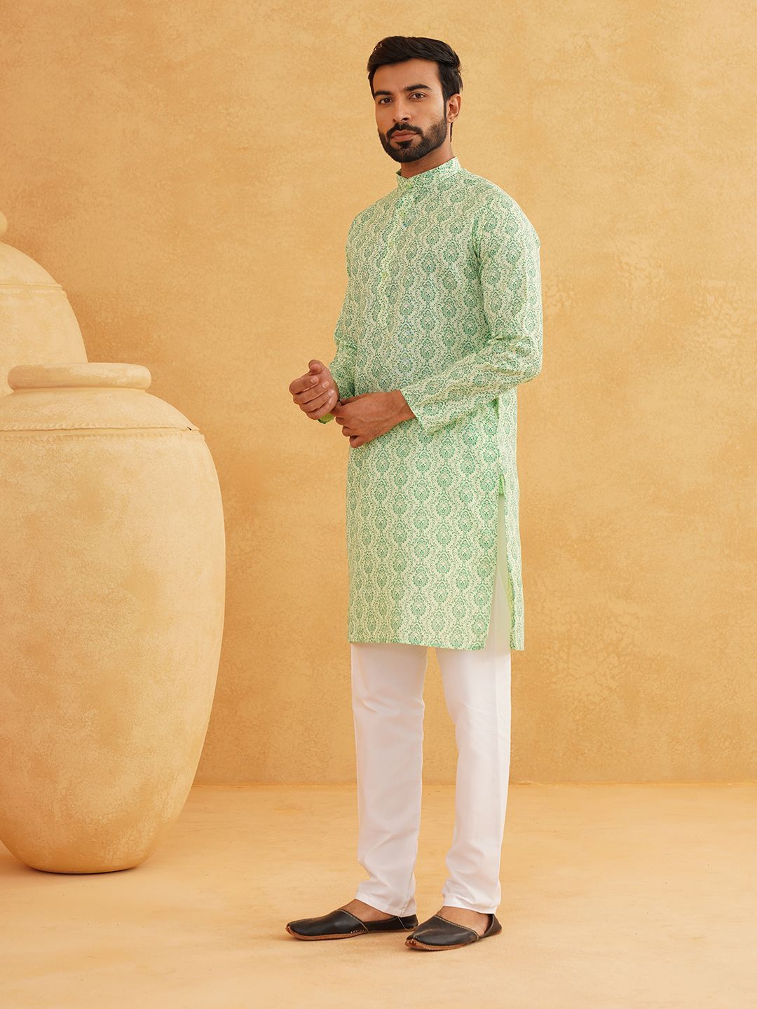 SOJANYA Ethnic Motifs Printed Band Collar Straight Kurta With Churidar