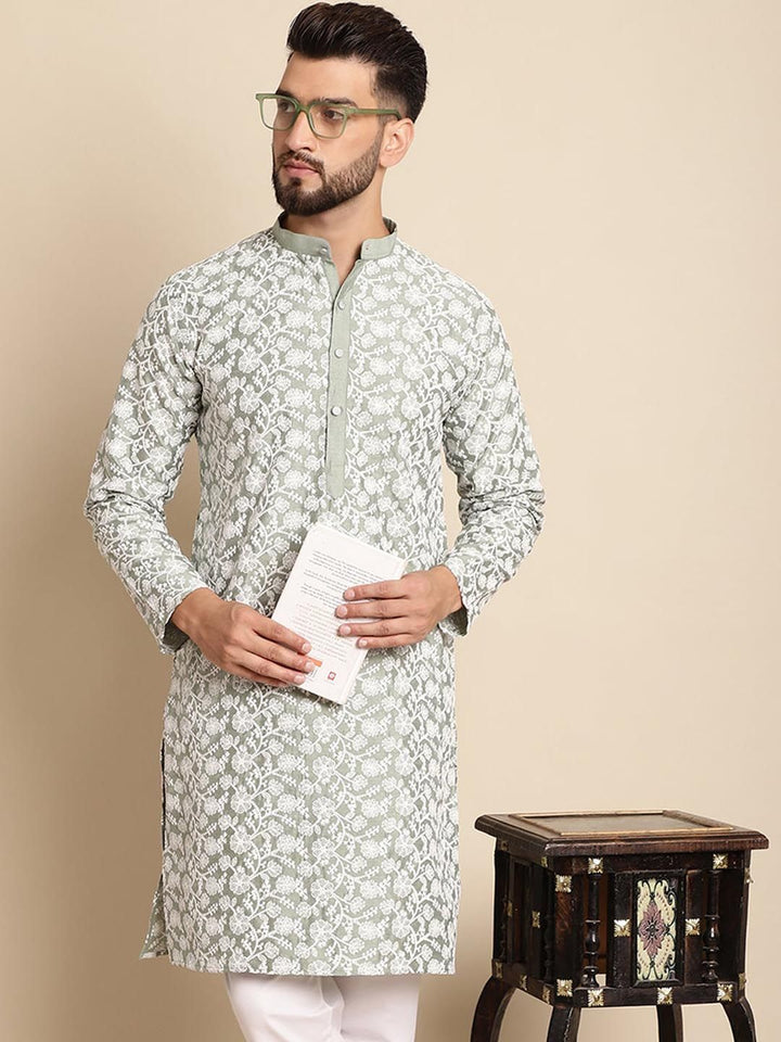 Anouk Floral Embroidered Band Collar Silk Cotton Straight Kurta