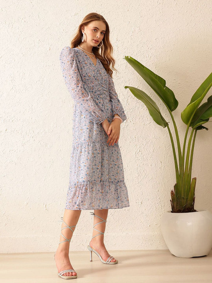 STREET 9 Print Puff Sleeves Georgette A-Line Midi Dress