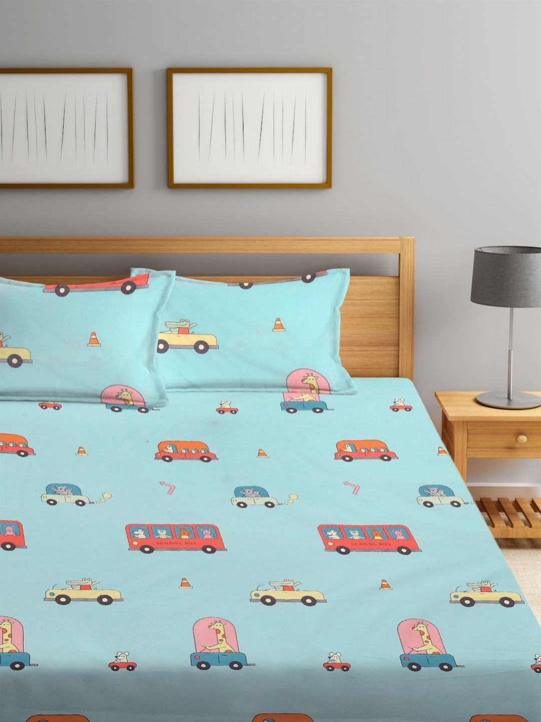 Myntra Elegant Homes Blue Conversational Cotton 300 TC King Fine Bedsheet with 2 Pillow Covers-98 x 87 inches