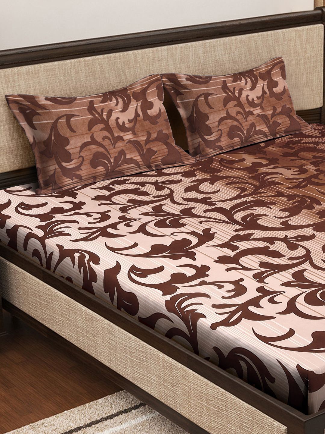 Myntra Elegant Homes Brown & Beige Floral 300 TC King Cadar dengan 2 Sarung Bantal