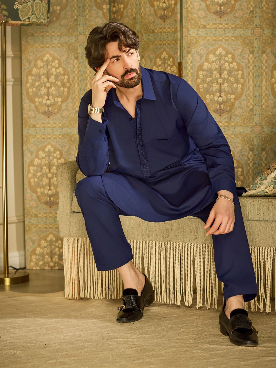 SOJANYA Shirt Collar Curved Hem Pathani Kurta with Salwar