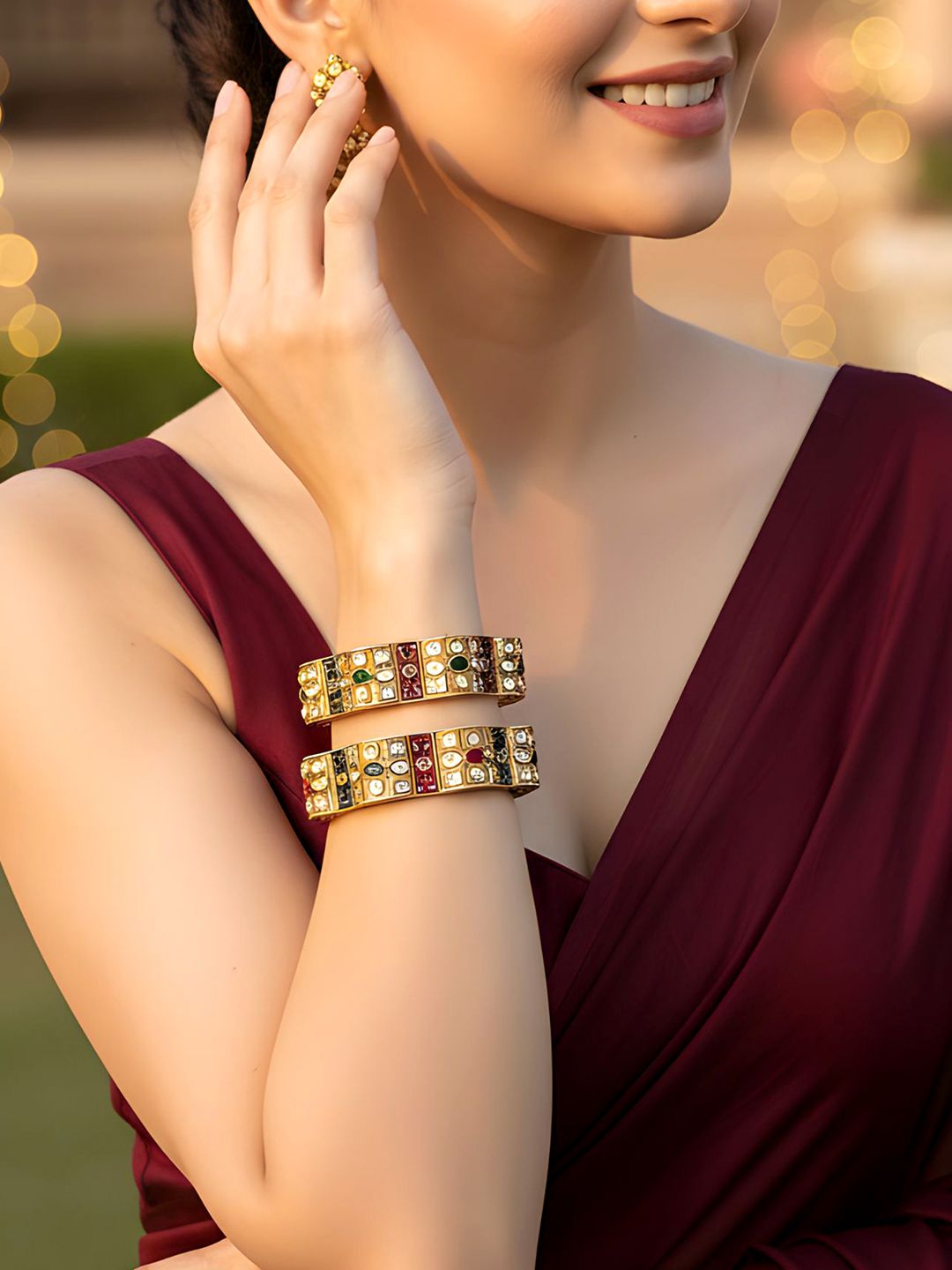 KARATCART Set Of 2 Gold-Plated Kundan Studded Bangles
