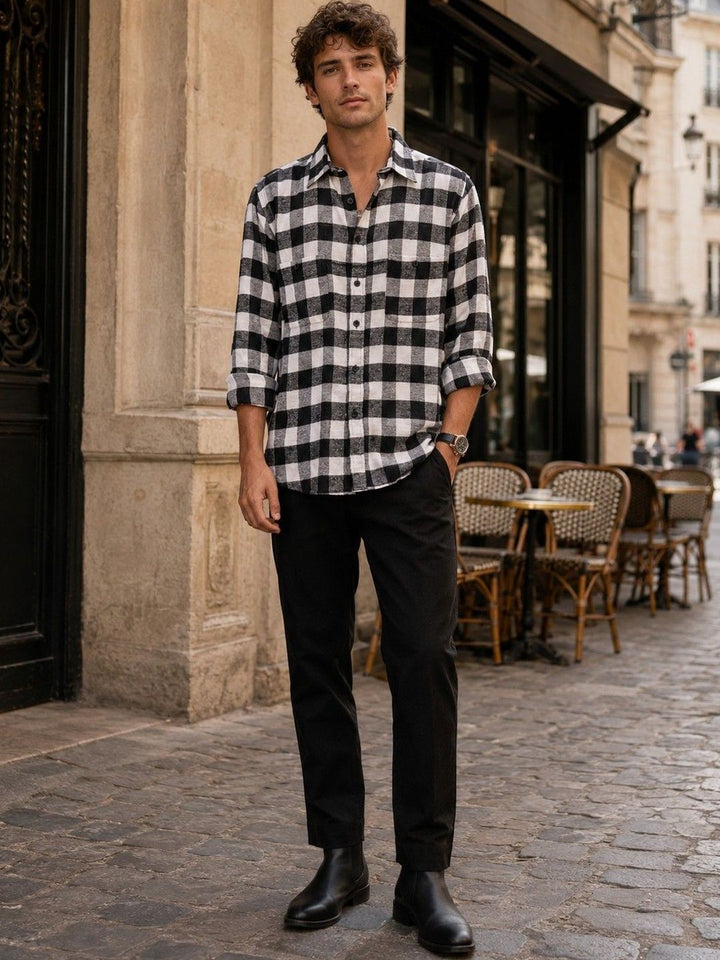 Eszett Men Buffalo Checked Spread Collar Baju Kasual