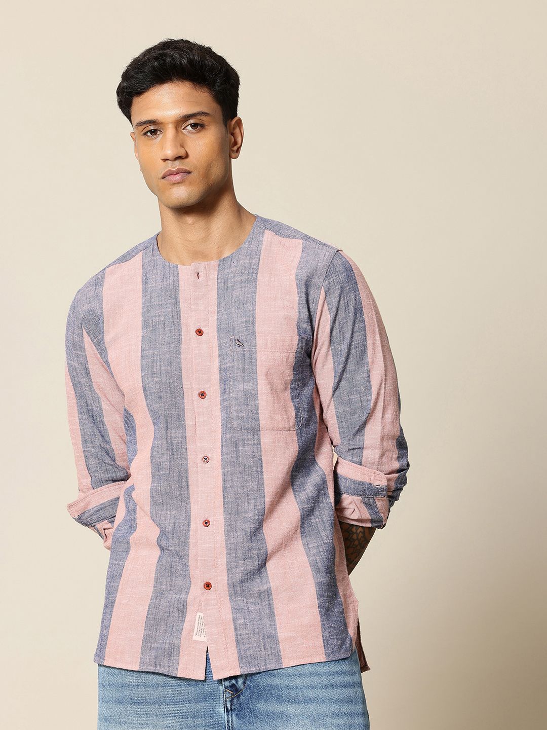 Mr Bowerbird Liberal Fit Self Striped Cotton Linen Casual Shirt