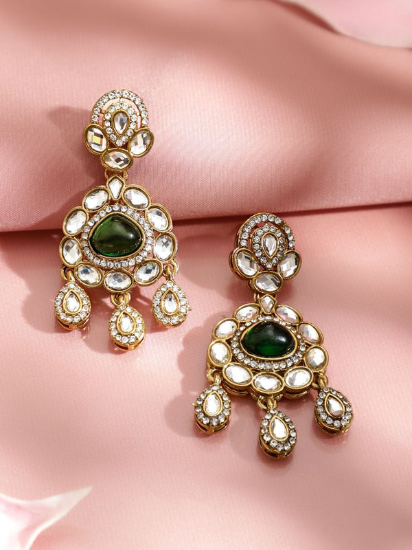 Rubans 22K Gold-Plated Emerald Green & White Kundan and Cubic Zirconia Chandelier Earrings