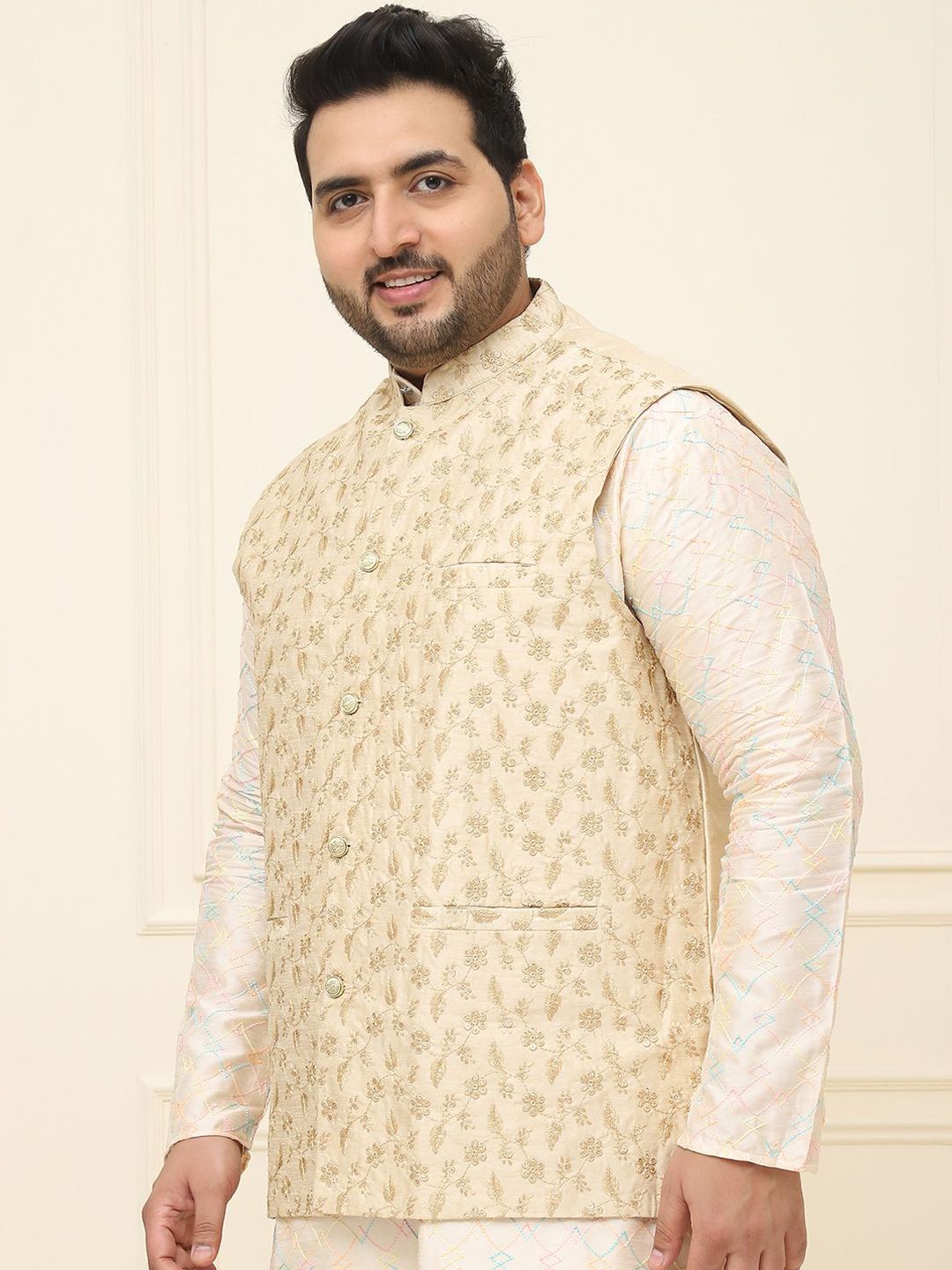 SOJANYA PLUS Lelaki Plus Size Printed Mandarin Collar Nehru Jaket
