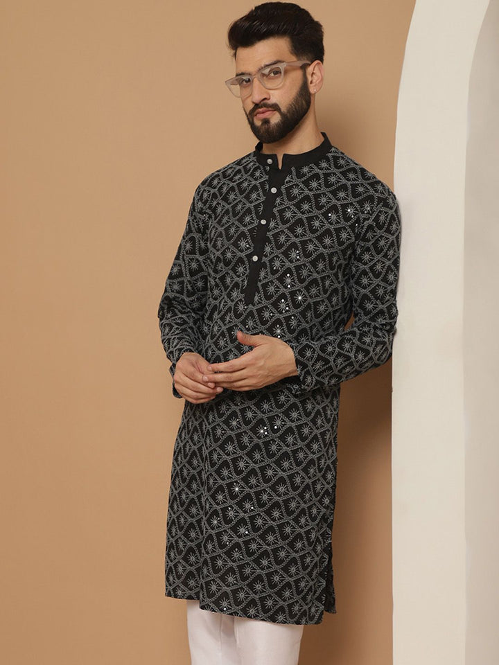Anouk Men Black Geometric Flared Sleeves Cermin Kerja Kurta