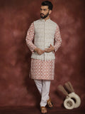 Anouk Floral Embroidered Thread Work Straight Kurta With Pyjama & Nehru Jacket