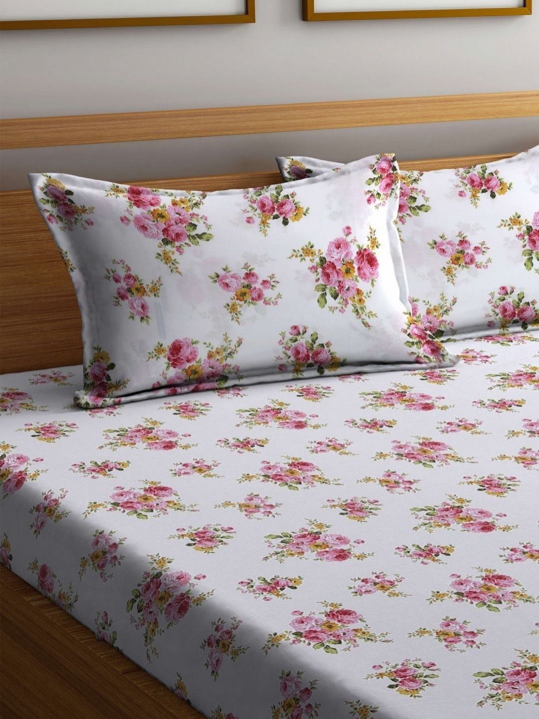 BOMBAY DYEING 525B Pink & White Floral 164 TC Pure Cotton Queen Bedsheet Set