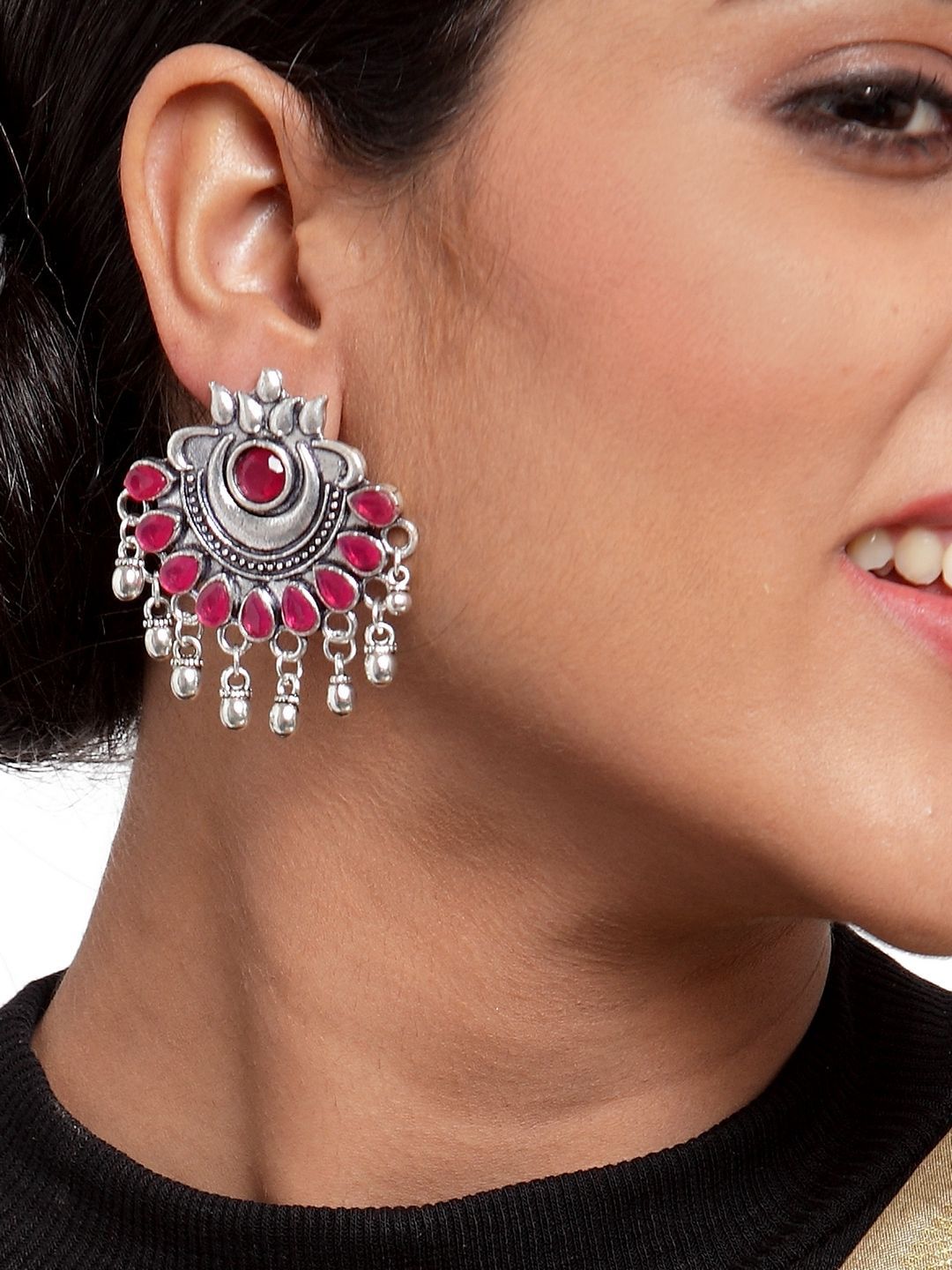 Anouk Silver-Plated Artificial Stones Studded & Beaded Contemporary Drop Earrings