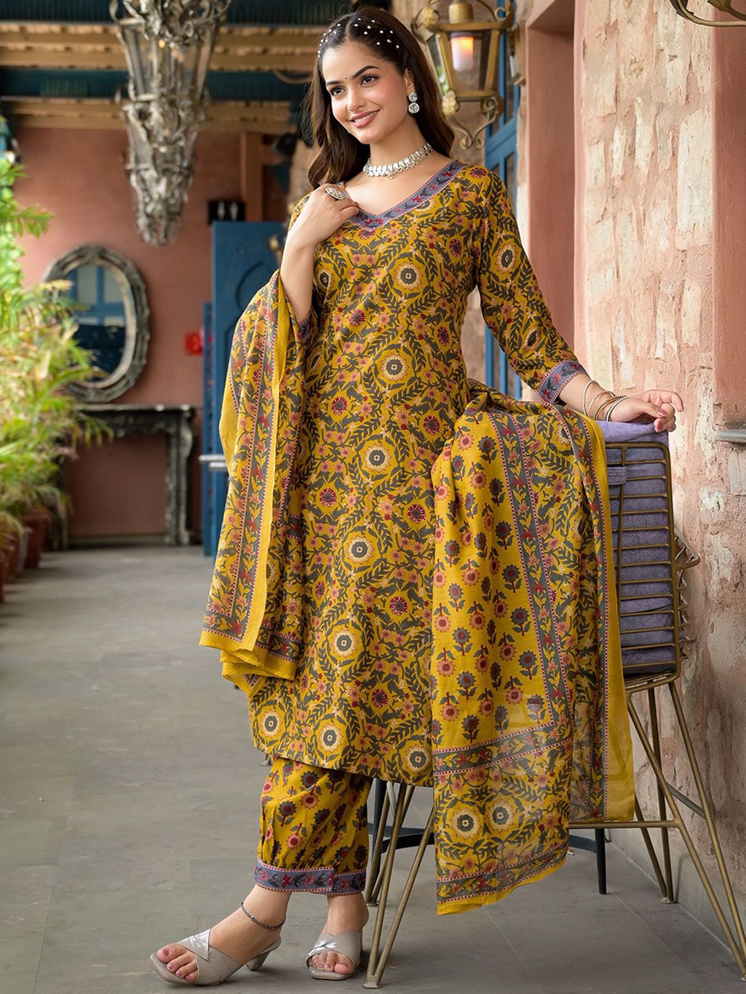 KALINI Floral Printed Straight Kurta with Salwar & Dupatta