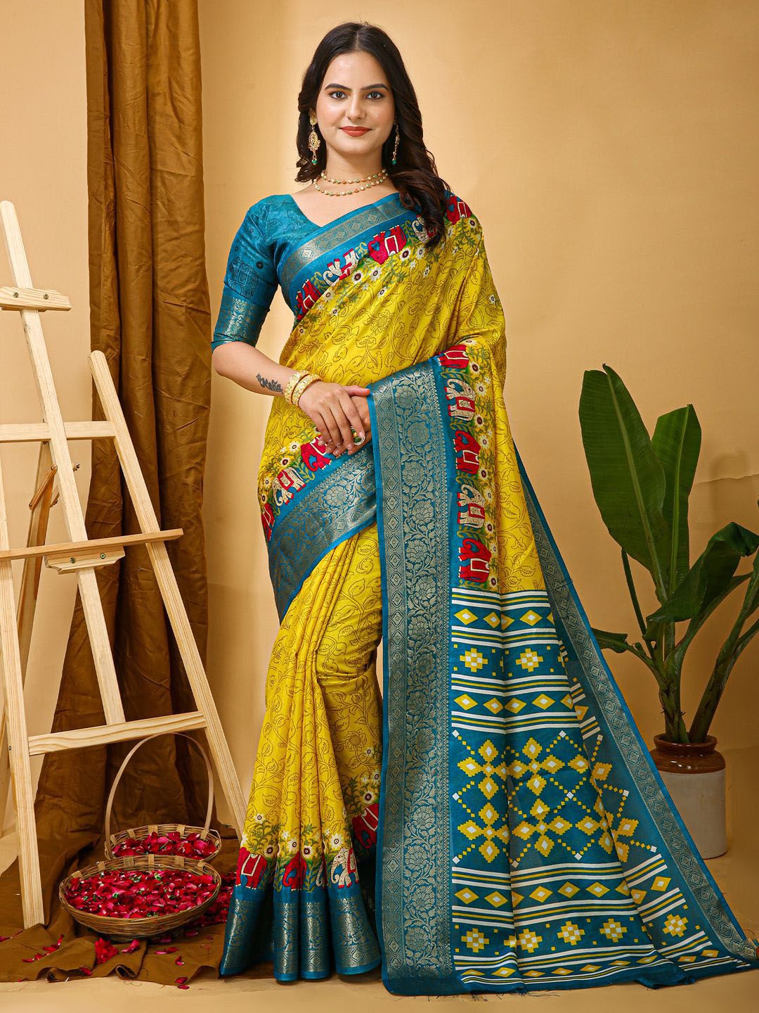 KALINI Kalamkari Printed Sungudi Saree