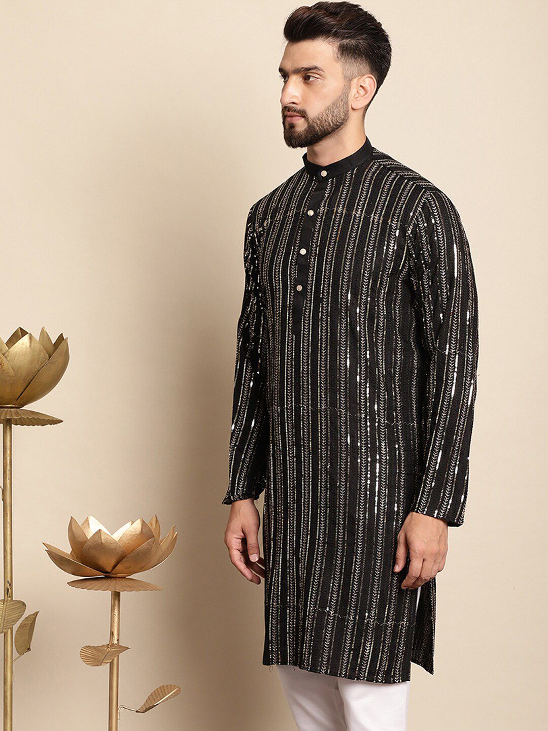 Anouk Embellished Mandarin Collar Sequins Detail Cotton Straight Kurta