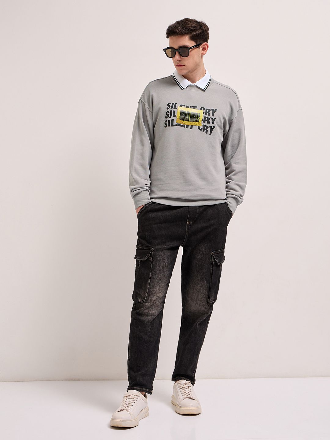 THE BEAR HOUSE Men Typography Printed Round Neck Cotton Pullover Sweatshirt
