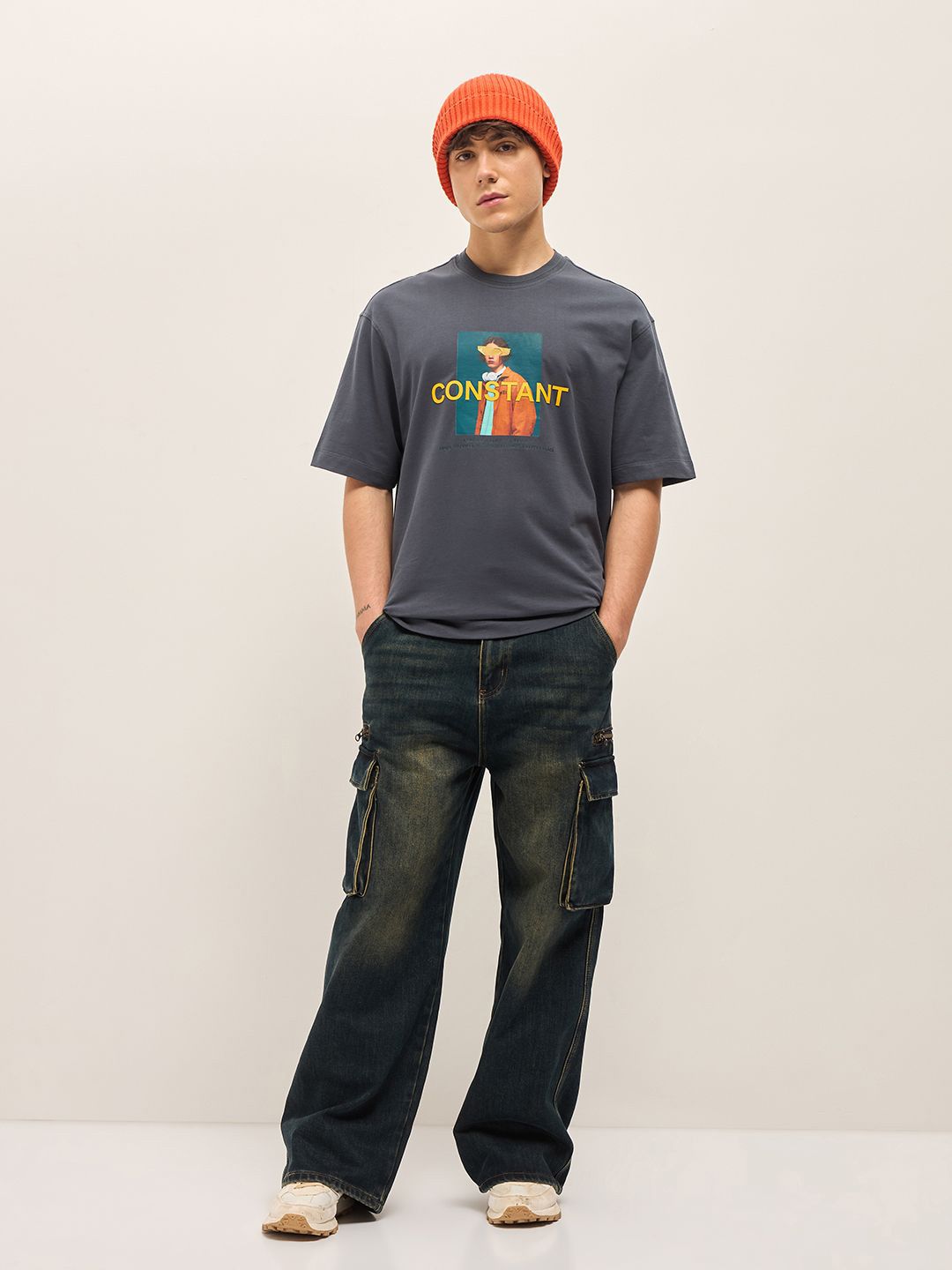 THE BEAR HOUSE Typography Printed Drop Shoulder Sleeves Cotton Oversized T-shirt